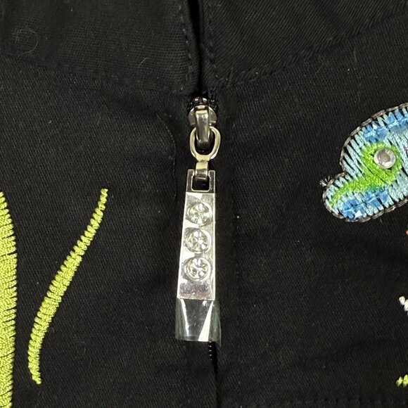 Quacker Factory Black Embroidered Dragonflies Jacket Sz Large Zip Up Colorful - Picture 5 of 10